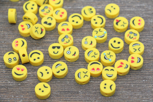 Emoji Polymer Clay Beads, Yellow Emoji Fimo Cane Beads, Assorted Emoji Beads, Smiley Face Beads, Facial Expression Beads #216