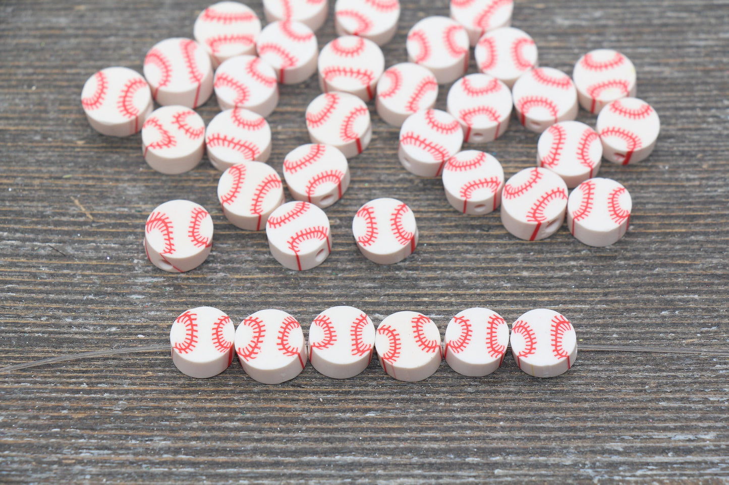 Baseball Beads, Red and White Baseball Clay Beads, Round Ball Beads, Fimo Cane Beads, Jewelry Beads, Beads for Bracelet #145