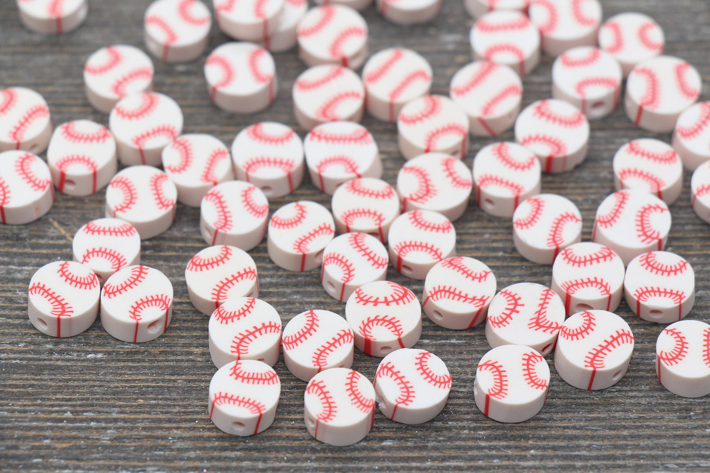Baseball Beads, Red and White Baseball Clay Beads, Round Ball Beads, Fimo Cane Beads, Jewelry Beads, Beads for Bracelet #145