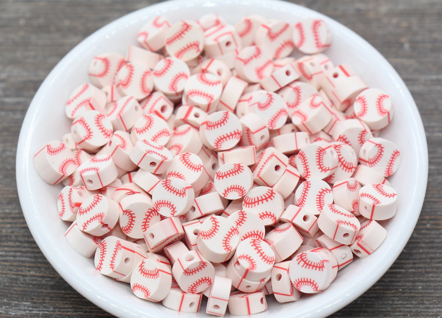 Baseball Beads, Red and White Baseball Clay Beads, Round Ball Beads, Fimo Cane Beads, Jewelry Beads, Beads for Bracelet #145