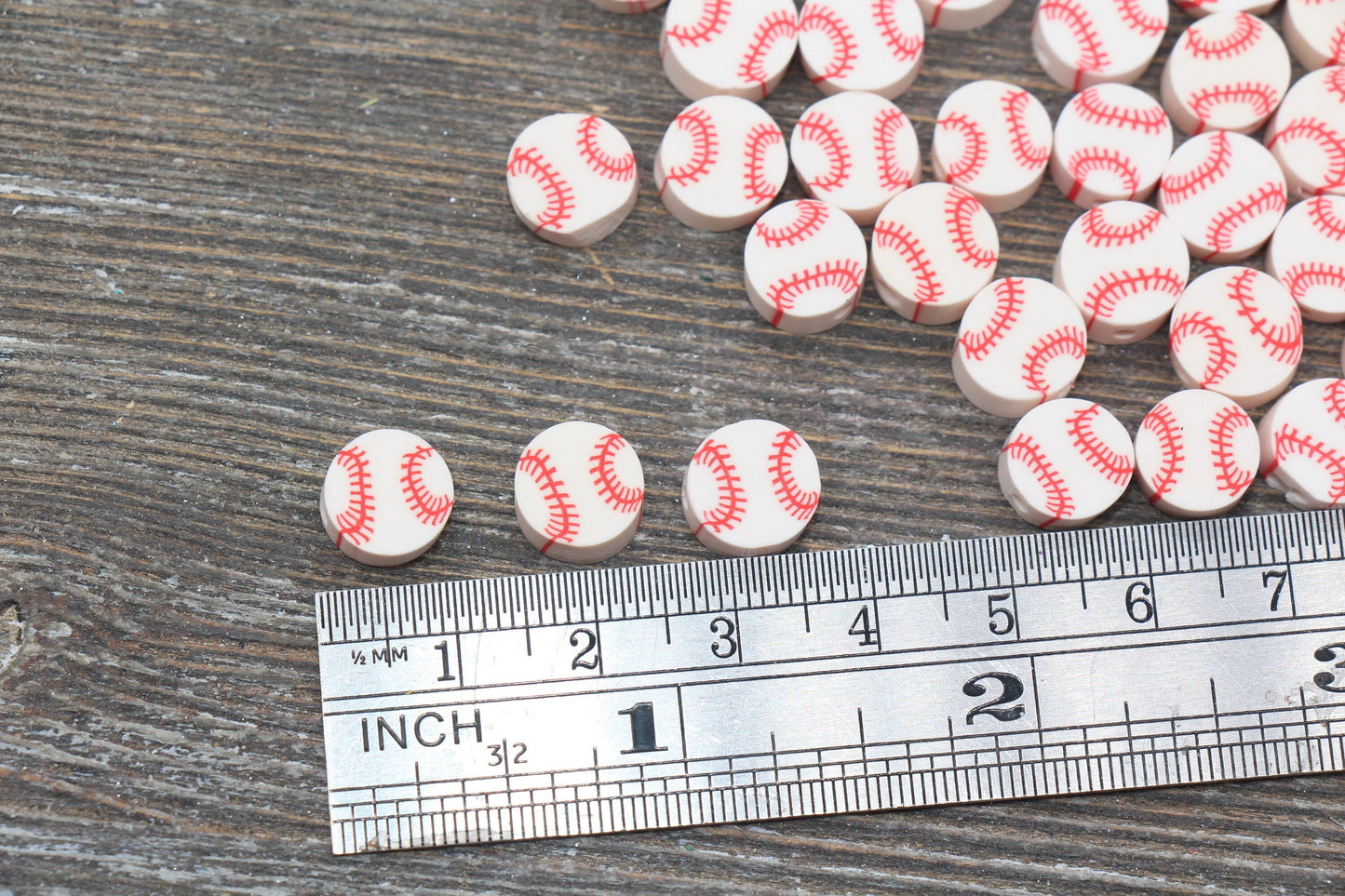 Baseball Beads, Red and White Baseball Clay Beads, Round Ball Beads, Fimo Cane Beads, Jewelry Beads, Beads for Bracelet #145