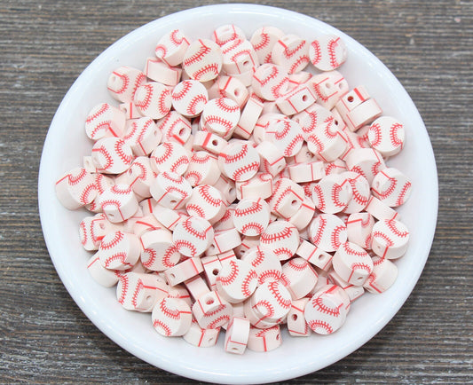 Baseball Beads, Red and White Baseball Clay Beads, Round Ball Beads, Fimo Cane Beads, Jewelry Beads, Beads for Bracelet #145