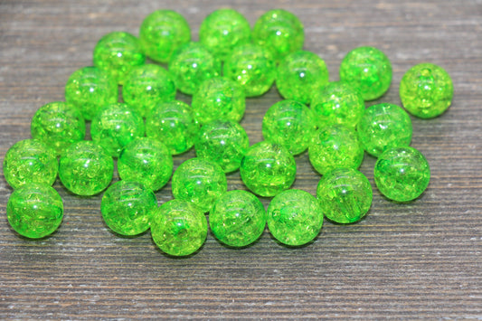 12mm Green Crackle Gumball Beads, Acrylic Crackle Loose Beads, Bubblegum Beads, Chunky Beads, Smooth Round Plastic Beads #1521