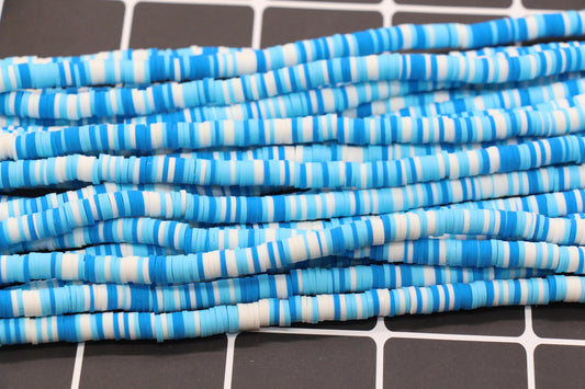 6mm Blue and White Mixed Heishi Beads, African Disc Beads, Wholesale Vinyl Heishi, 16 inch Strand #372