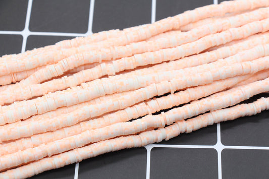 6mm Peach Speckled Heishi Beads, Peach Dotted Speckled Polymer Clay Disc Beads, African Disc Beads, Vinyl Heishi, 16 inch Strand #343