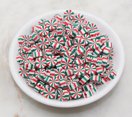 Swirl Peppermint Clay Beads, Green Candy Clay Beads, Round Candy Polymer Clay Beads, Clay Jewelry Beads #252