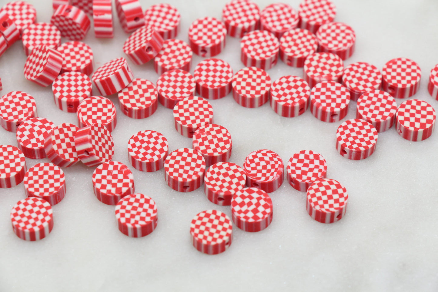 Red Checkered Polymer Clay Beads, Clay Round Beads, Loose Beads, Jewelry Beads, Beads for Bracelet #260