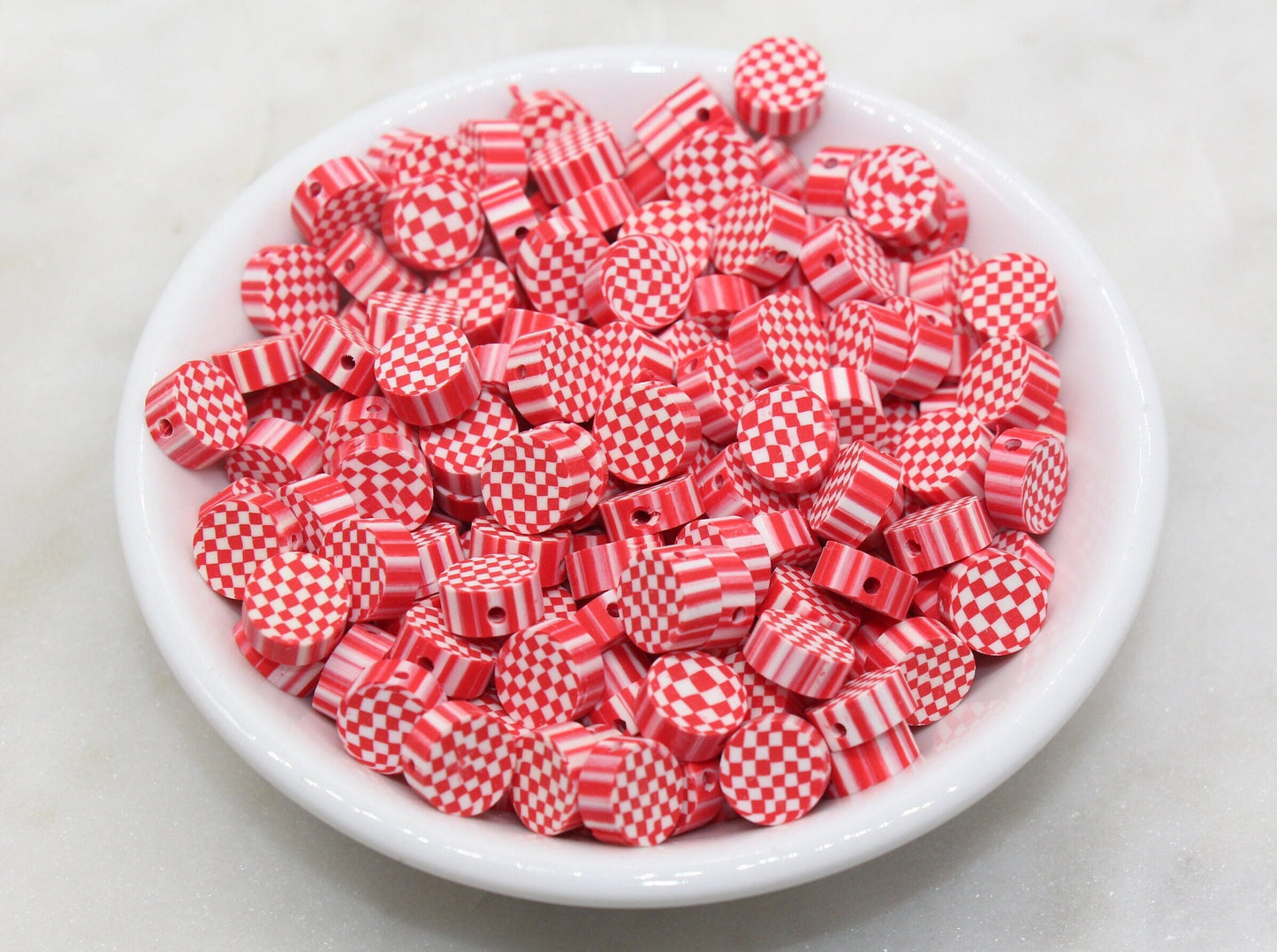 Red Checkered Polymer Clay Beads, Clay Round Beads, Loose Beads, Jewelry Beads, Beads for Bracelet #260
