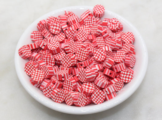 Red Checkered Polymer Clay Beads, Clay Round Beads, Loose Beads, Jewelry Beads, Beads for Bracelet #260