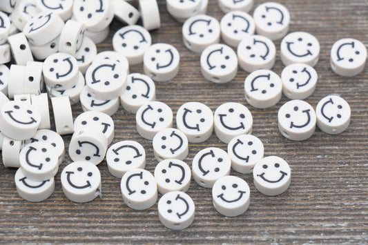 White Smiley Face Polymer Clay Beads, Smiley Face Fimo Cane Beads, Happy Face Emoji Beads, Bead for Bracelet, Beading Supplies #232