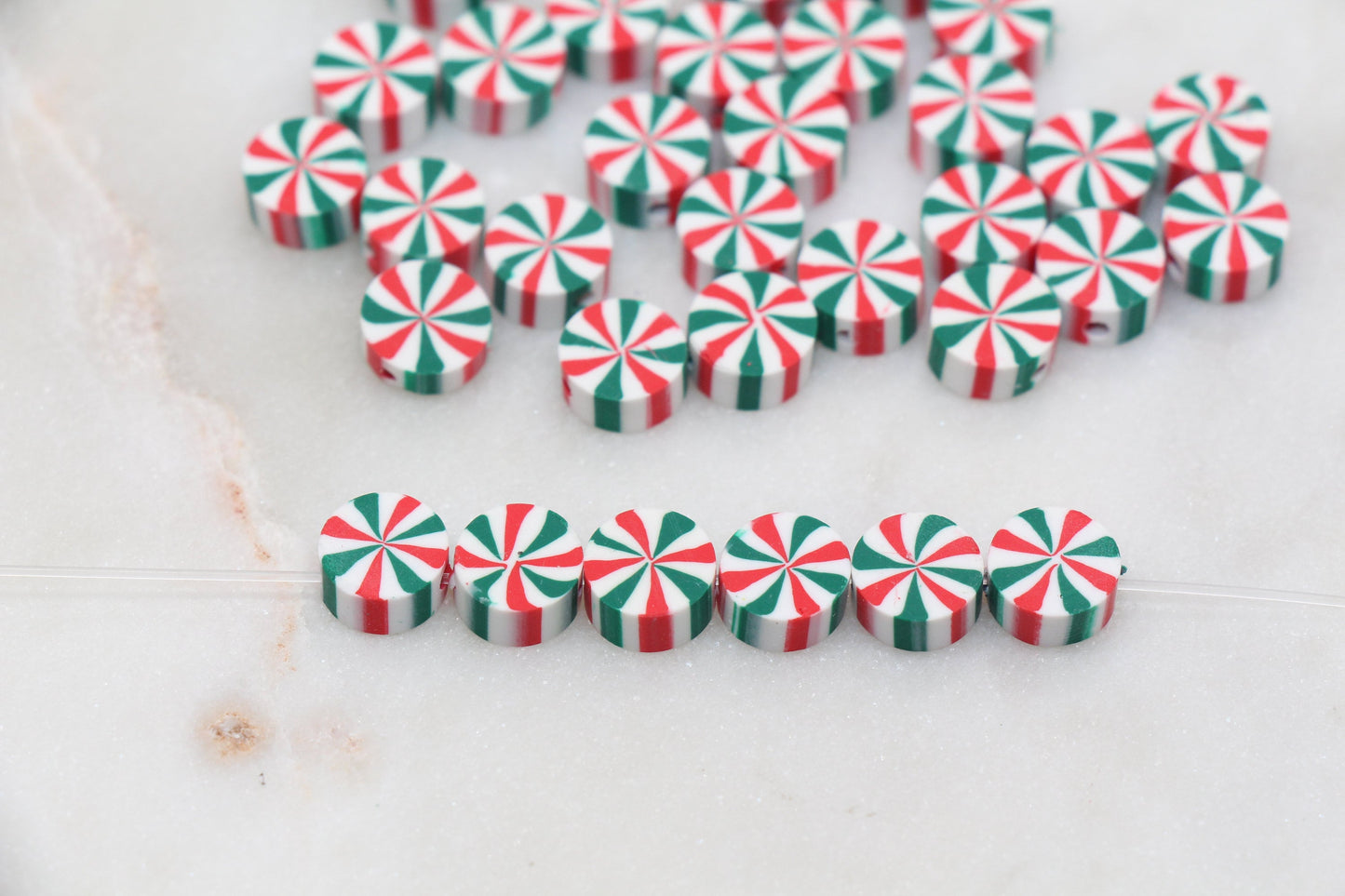Swirl Peppermint Clay Beads, Green Candy Clay Beads, Round Candy Polymer Clay Beads, Clay Jewelry Beads #252