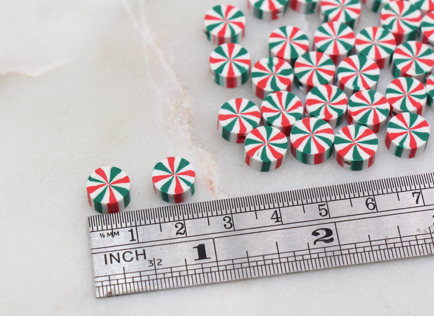 Swirl Peppermint Clay Beads, Green Candy Clay Beads, Round Candy Polymer Clay Beads, Clay Jewelry Beads #252