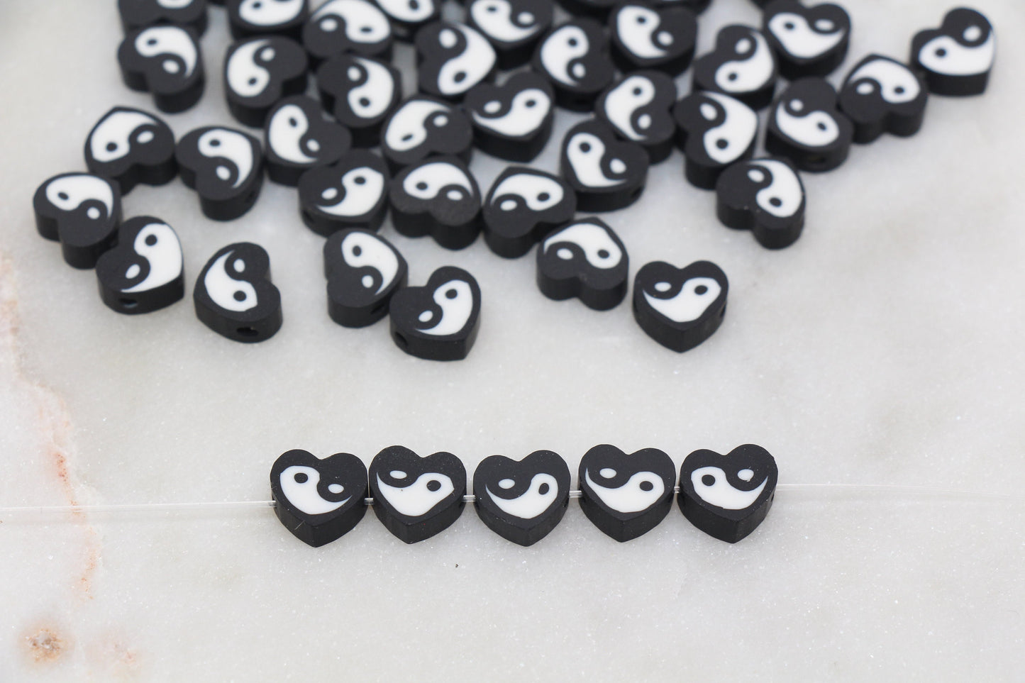 Yin Yang Polymer Clay Beads, Black Yin-Yang Heart Shape Beads, Yin Yang Clay Beads, Jewelry Beads, Beads for Bracelet #256