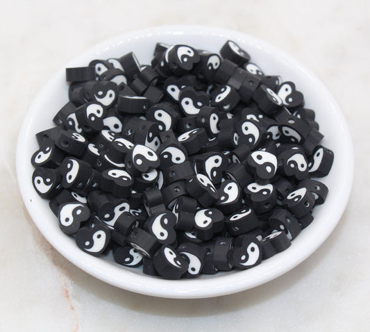 Yin Yang Polymer Clay Beads, Black Yin-Yang Heart Shape Beads, Yin Yang Clay Beads, Jewelry Beads, Beads for Bracelet #256