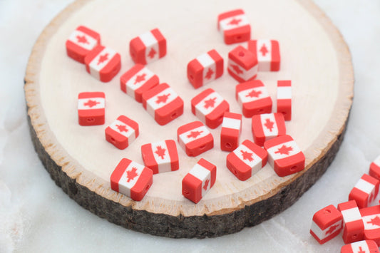 Canadian flag polymer clay beads in round and square shapes, red and white maple leaf craft beads