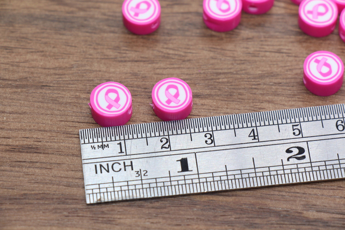 Awareness Ribbons Clay Beads, Pink Ribbon Polymer Clay Beads, Round Pink Clay Beads, Jewelry Beads, Bead for Bracelet #286
