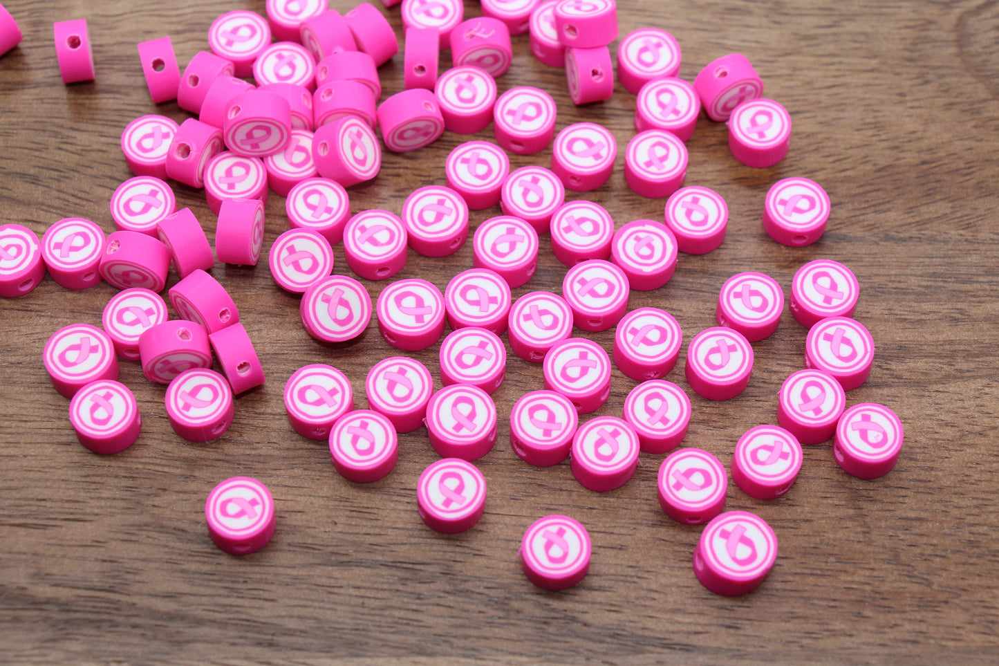 Awareness Ribbons Clay Beads, Pink Ribbon Polymer Clay Beads, Round Pink Clay Beads, Jewelry Beads, Bead for Bracelet #286