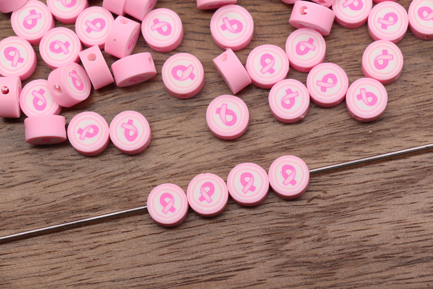 Awareness Ribbons Clay Beads, Pink Ribbon Polymer Clay Beads, Round Pink Clay Beads, Jewelry Beads, Bead for Bracelet #287
