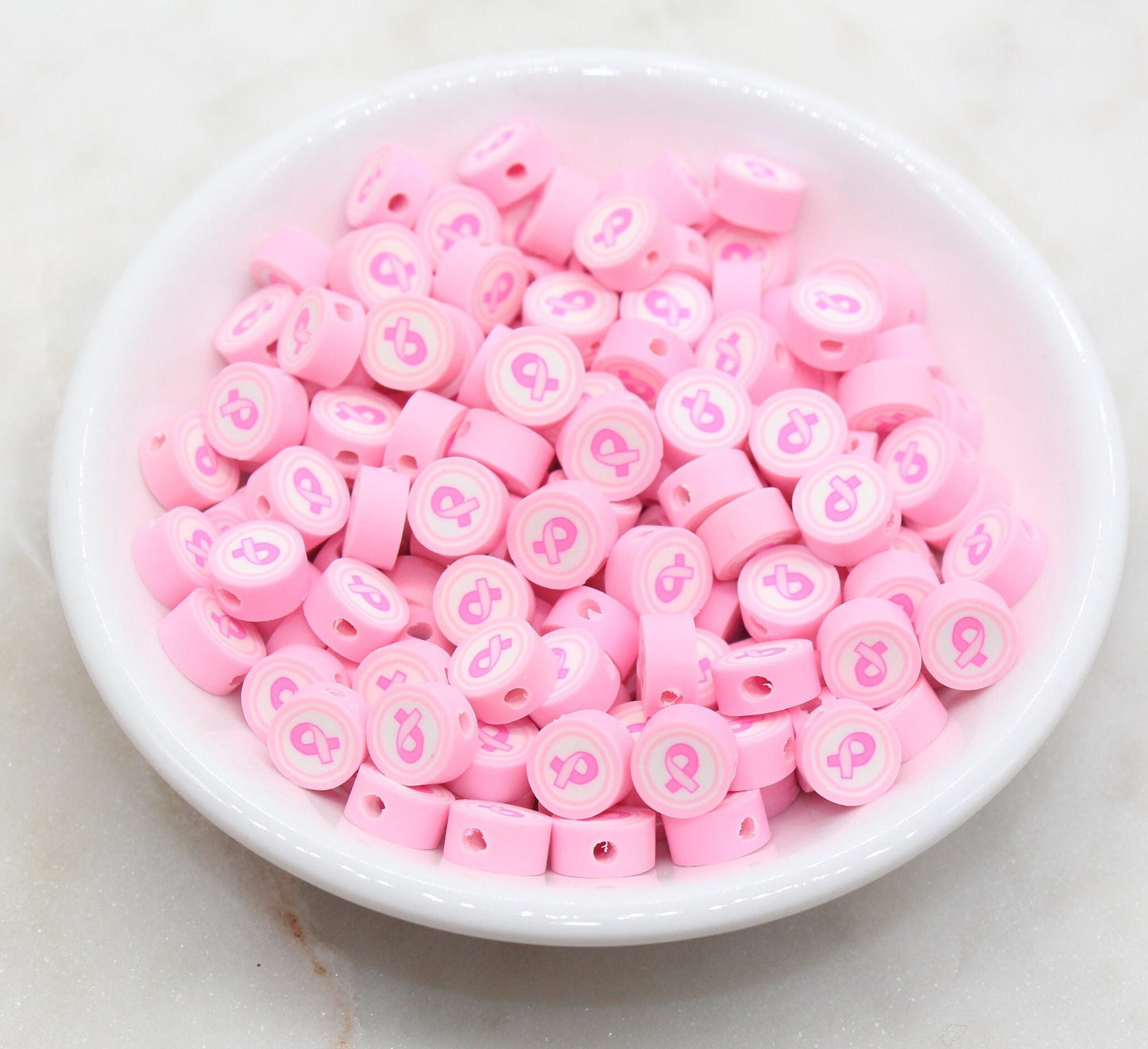 Awareness Ribbons Clay Beads, Pink Ribbon Polymer Clay Beads, Round Pink Clay Beads, Jewelry Beads, Bead for Bracelet #287