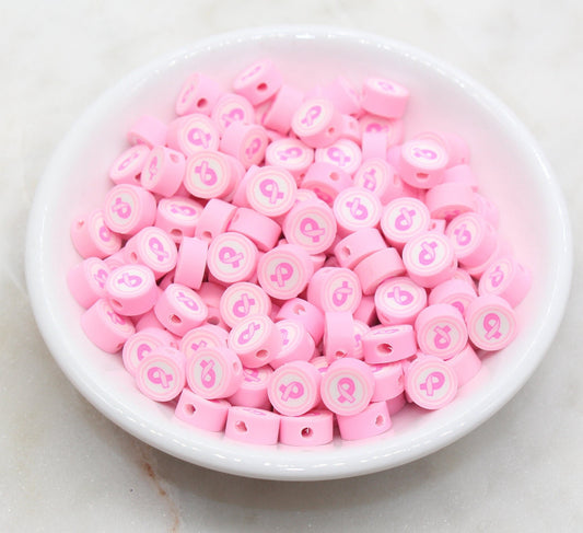 Awareness Ribbons Clay Beads, Pink Ribbon Polymer Clay Beads, Round Pink Clay Beads, Jewelry Beads, Bead for Bracelet #287