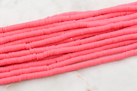 6mm Watermelon Pink Heishi Beads, Polymer Clay Disc Beads, African Disc Beads, Vinyl Heishi, 16 inch Strand #469