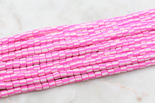 6mm Wide Column Chunky Polymer Clay Beads, Pink Striped Heishi Spacer Beads, Clay Tube Beads, Barrel Beads Heishi Beads #481