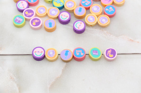 Assort Music Themed Polymer Clay Beads, Music Note Beads, Round Clay Beads, Heart Clay Beads, Jewelry Beads #294