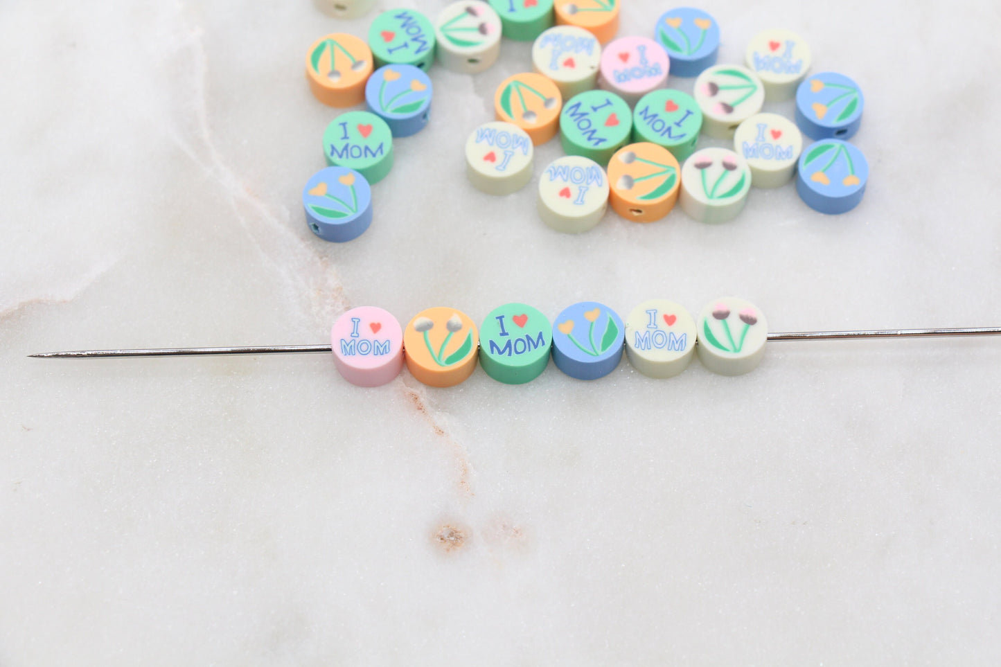 I Love Mom Polymer Clay Beads, Flower Beads, Mother's Day Themed Clay Cane Beads, Assorted Beads, Beads for Bracelet, Jewelry Beads #277