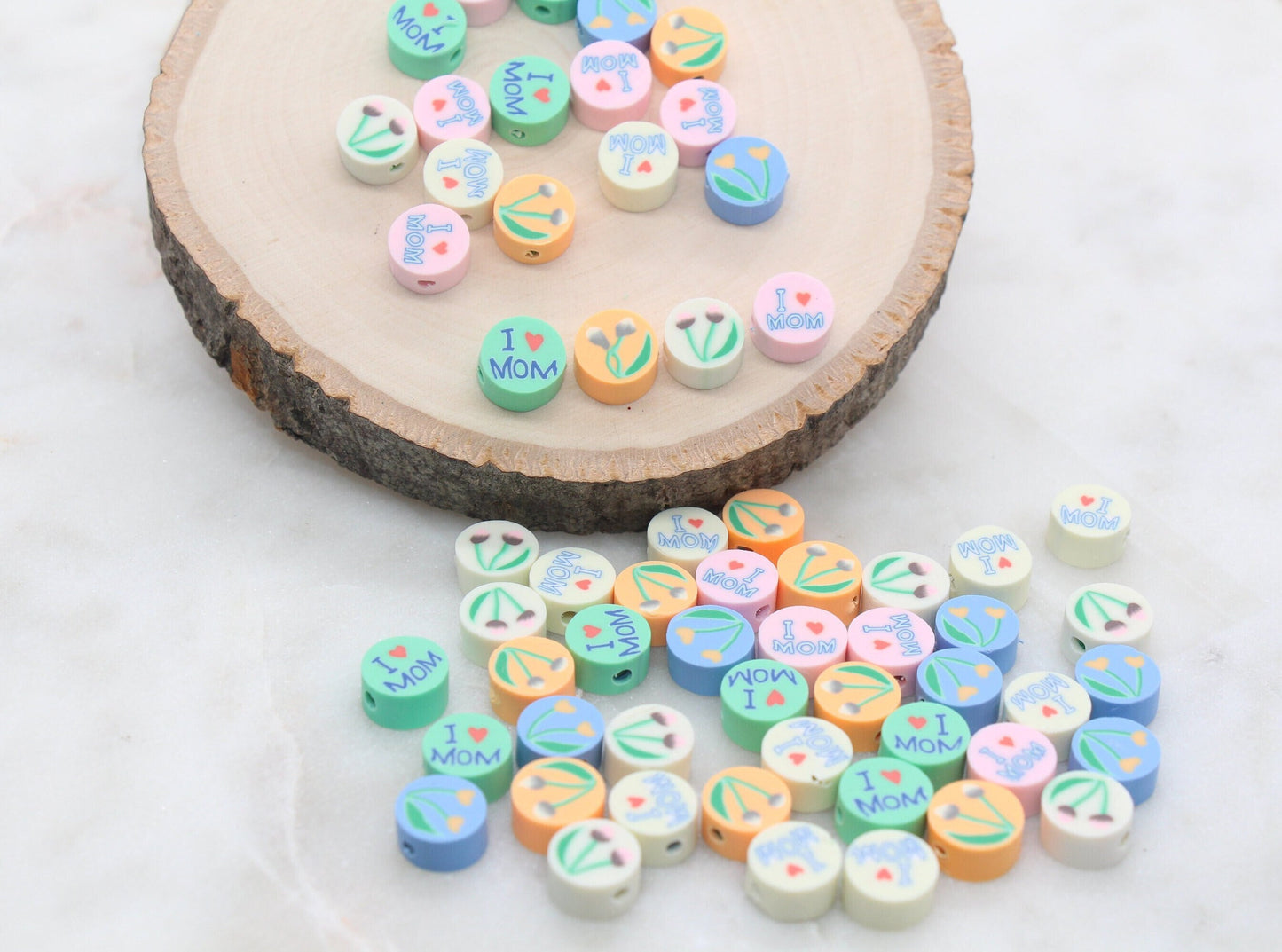I Love Mom Polymer Clay Beads, Flower Beads, Mother's Day Themed Clay Cane Beads, Assorted Beads, Beads for Bracelet, Jewelry Beads #277