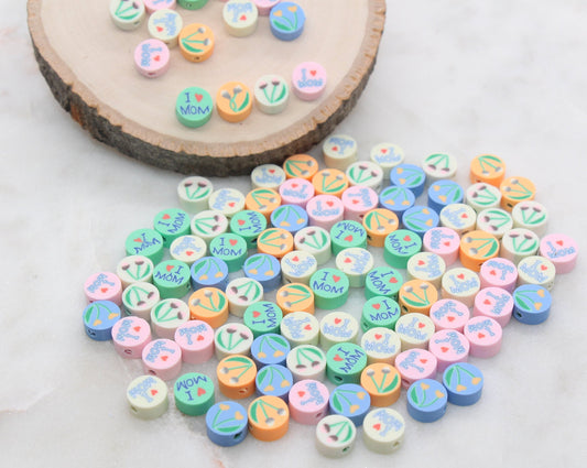 I Love Mom Polymer Clay Beads, Flower Beads, Mother's Day Themed Clay Cane Beads, Assorted Beads, Beads for Bracelet, Jewelry Beads #277
