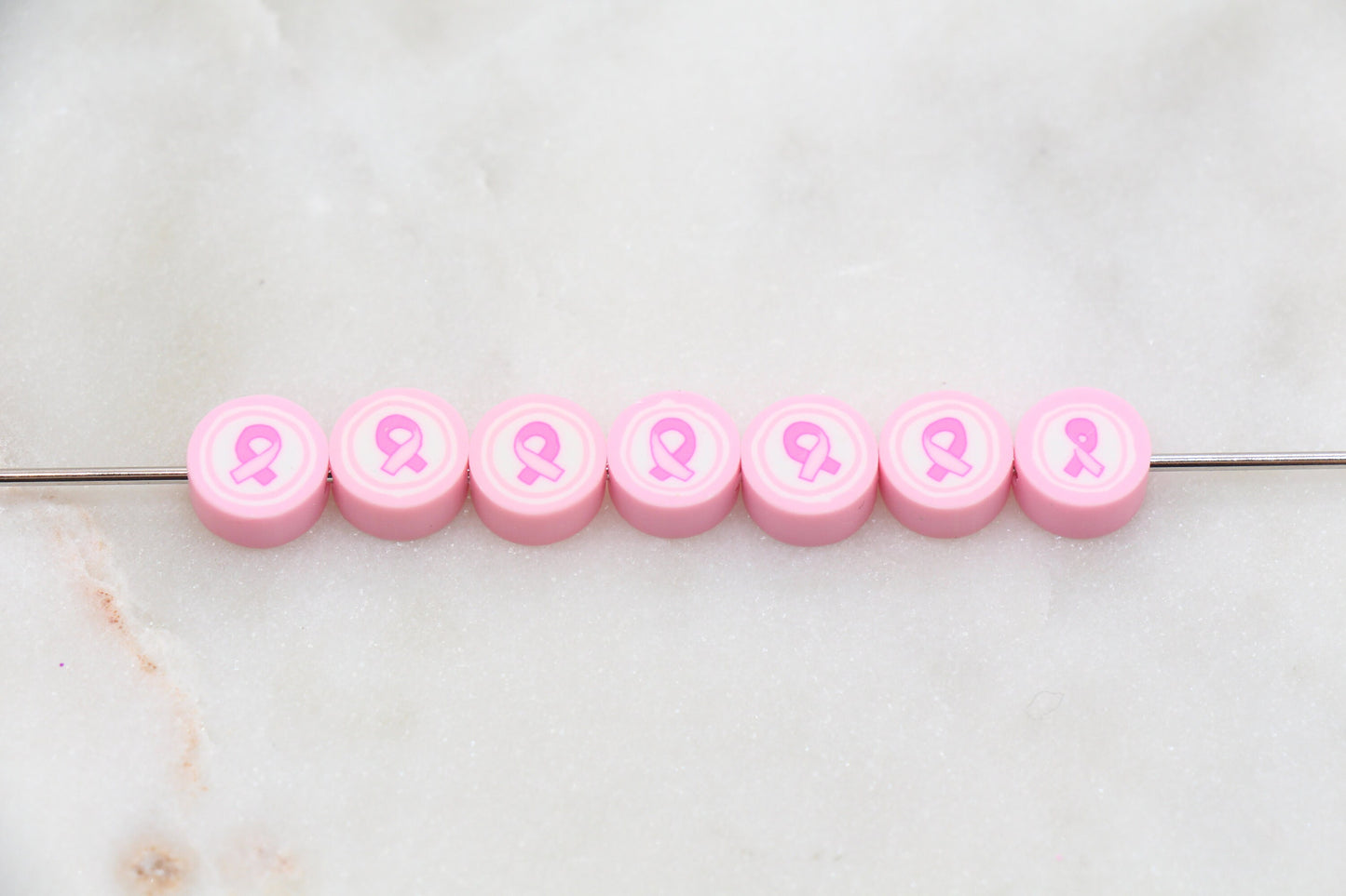 Awareness Ribbons Clay Beads, Pink Ribbon Polymer Clay Beads, Round Pink Clay Beads, Jewelry Beads, Bead for Bracelet #287