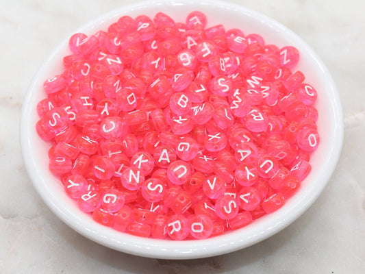 Pink Alphabet Letter Beads, Pink Transparent Beads with White Letters, Assorted Round Letter Beads, Name Initial Beads, Size 7mm #355
