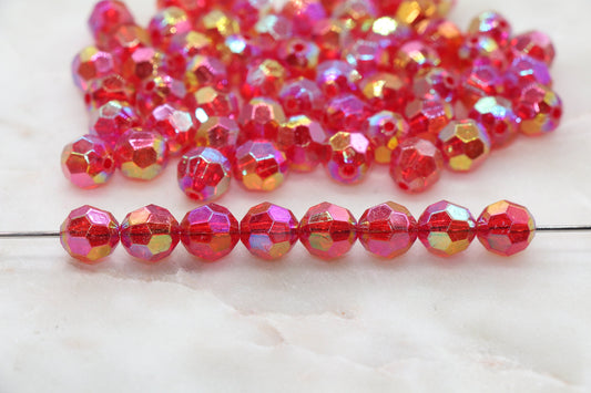10mm Red AB Faceted Gumball Beads, Iridescent Faceted Round Acrylic Loose Beads, Bubblegum Beads, Star Cut Rainbow Beads#895