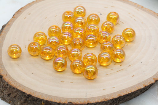 12mm Orange AB Round Beads, Iridescent Orange Acrylic Gumball Beads, Translucent Round Spacer Beads, Bubblegum Beads #896