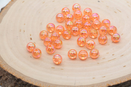 8mm Coral Orange AB Round Beads, Iridescent Orange Acrylic Gumball Beads, Translucent Round Spacer Beads, Bubblegum Beads, #990