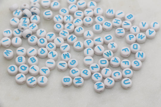 Blue Alphabet Letter Beads, Acrylic Blue with White Letters Beads, Round Acrylic Beads, Mix Letter Beads, Name Beads 7mm #751