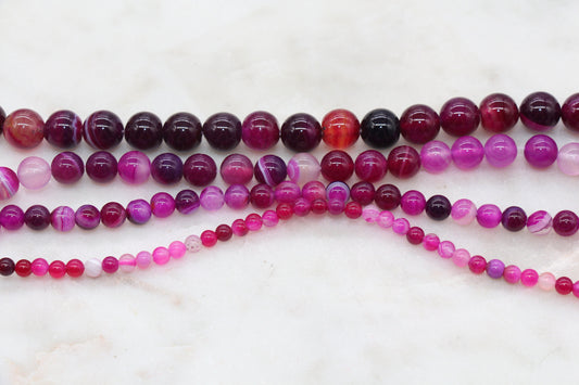 Pink Stripe Agate Beads, Pink Banded Agate, Fuchsia Banded Agate, Gemstone Smooth Round Beads, Sizes 4mm 6mm 8mm 10mm 12mm, #118