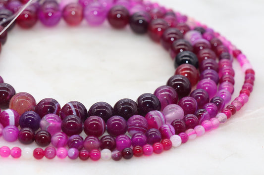 Pink Stripe Agate Beads, Pink Banded Agate, Fuchsia Banded Agate, Gemstone Smooth Round Beads, Sizes 4mm 6mm 8mm 10mm 12mm, #118