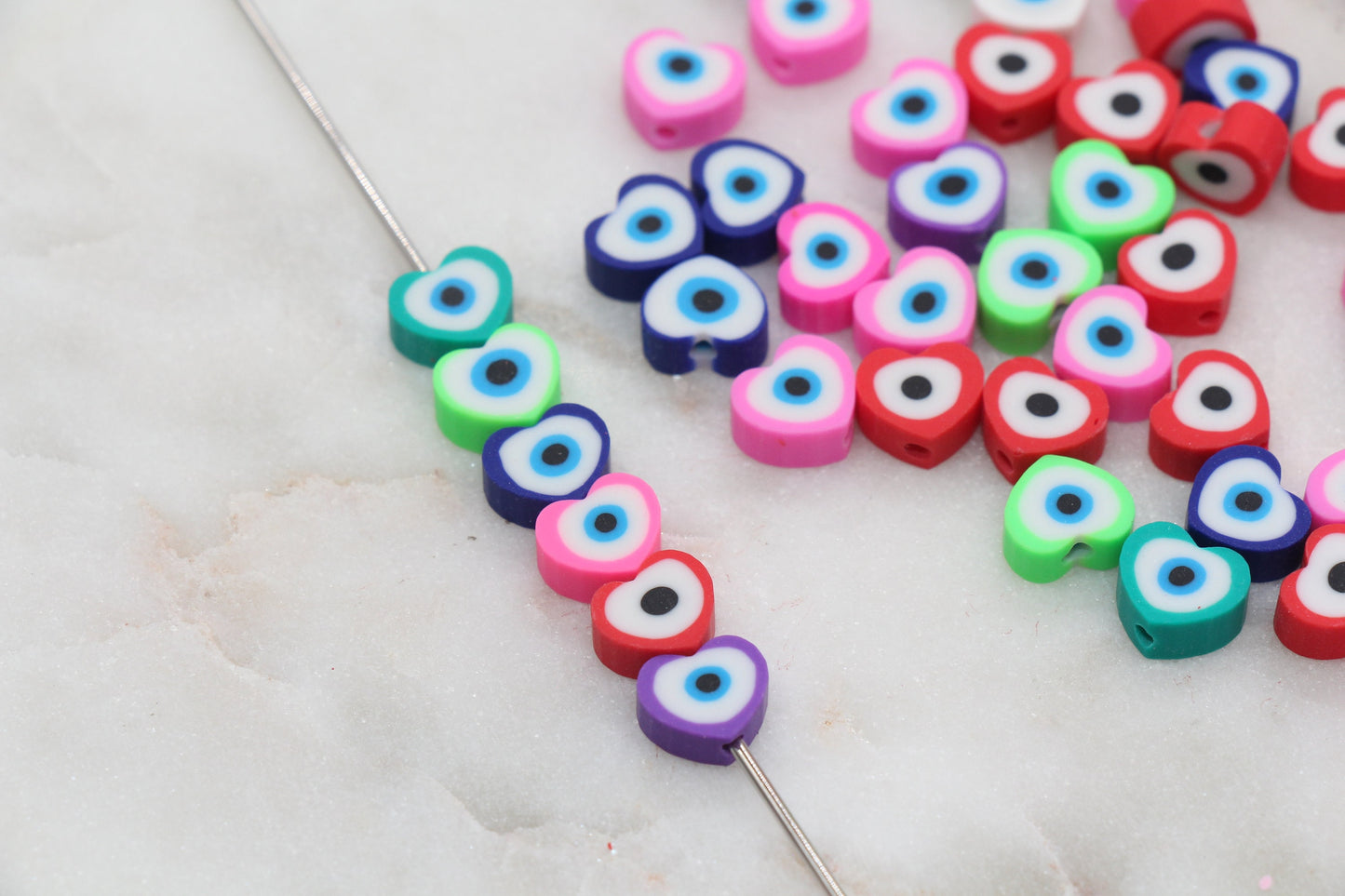 Heart Shape Evil Eye Polymer Clay Beads, Multicolored Evil Eye Fimo Cane Beads, Assorted Evil Eye Beads, Rainbow Evil Eye Slice Beads #304