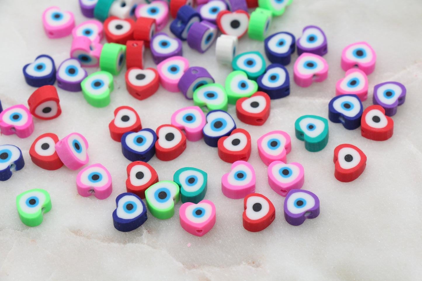 Heart Shape Evil Eye Polymer Clay Beads, Multicolored Evil Eye Fimo Cane Beads, Assorted Evil Eye Beads, Rainbow Evil Eye Slice Beads #304