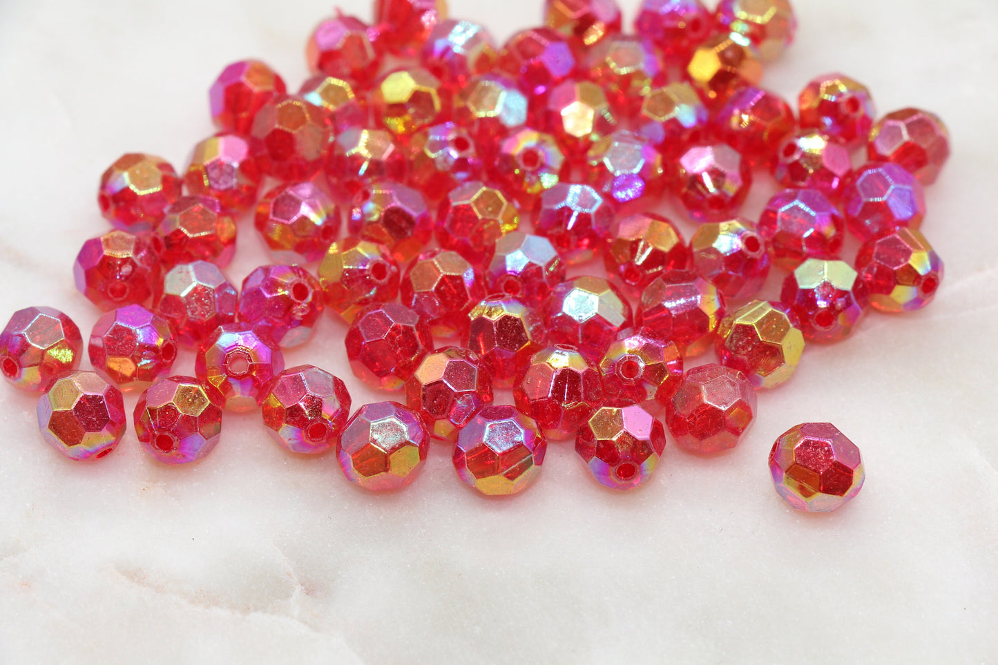 10mm Red AB Faceted Gumball Beads, Iridescent Faceted Round Acrylic Loose Beads, Bubblegum Beads, Star Cut Rainbow Beads#895