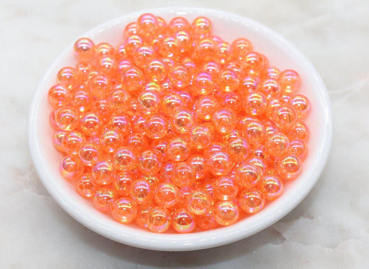8mm Coral Orange AB Round Beads, Iridescent Orange Acrylic Gumball Beads, Translucent Round Spacer Beads, Bubblegum Beads, #990