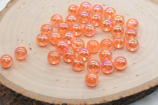 10mm Coral Orange AB Round Beads, Iridescent Acrylic Gumball Beads, Transparent Round Spacer Beads, Bubblegum Beads, Plastic Round Bead #254