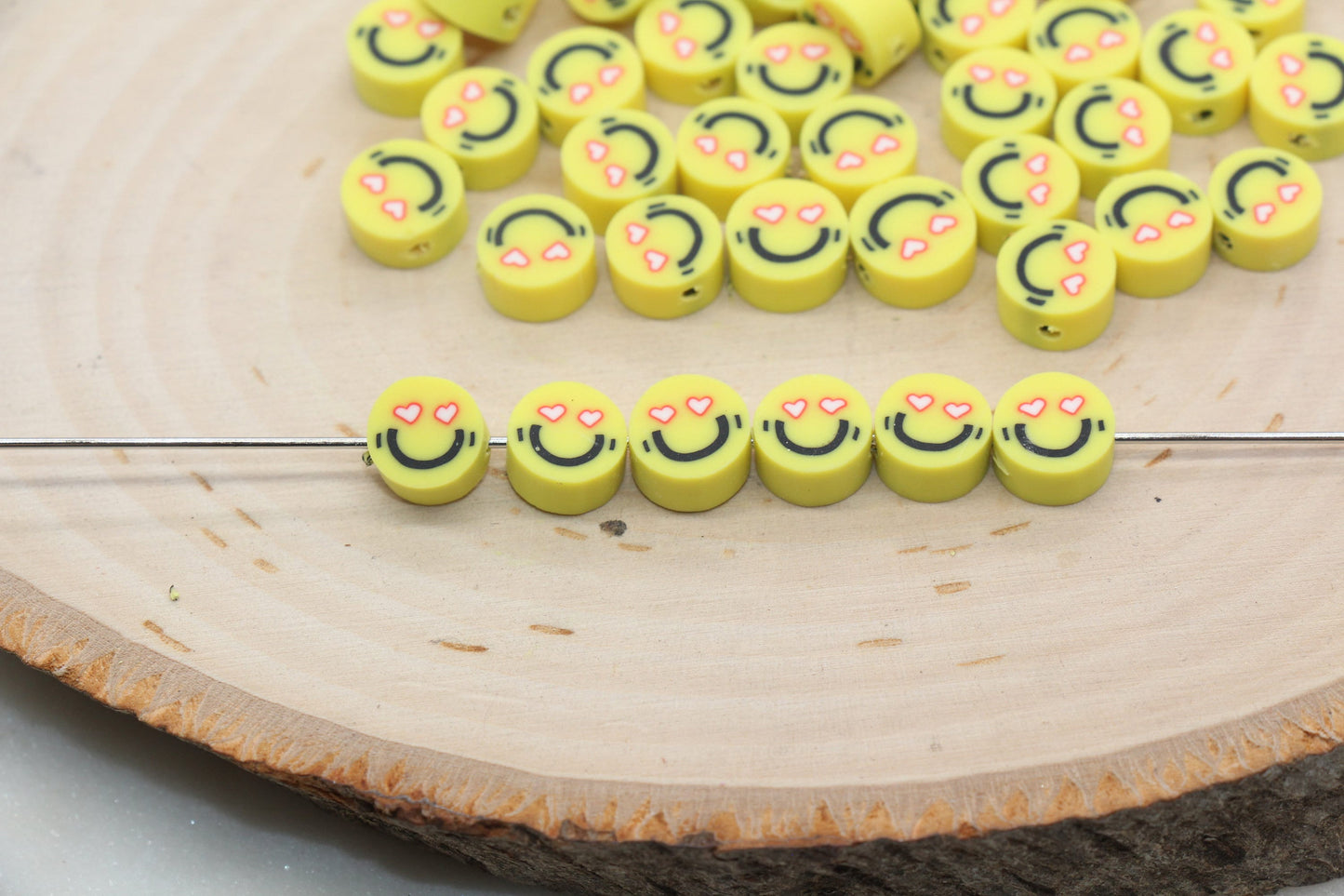 Emoji Polymer Clay Beads, Emoji Fimo Cane Beads, Heart-Shaped Eyes Emoji Beads, Smiley Face Beads, Facial Expression Beads #331