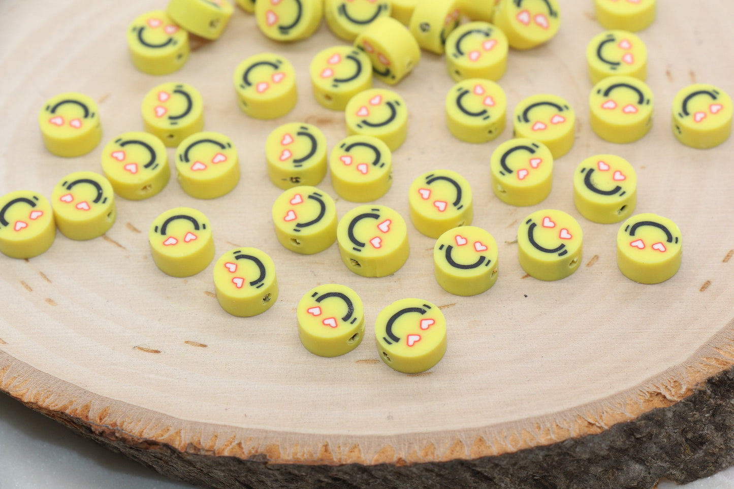 Emoji Polymer Clay Beads, Emoji Fimo Cane Beads, Heart-Shaped Eyes Emoji Beads, Smiley Face Beads, Facial Expression Beads #331