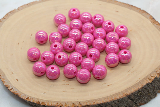 12mm Deep Pink AB Gumball Beads, Iridescent Acrylic Loose Beads, Solid Bubblegum Beads, Chunky Beads, Glossy Smooth Round Beads #2803