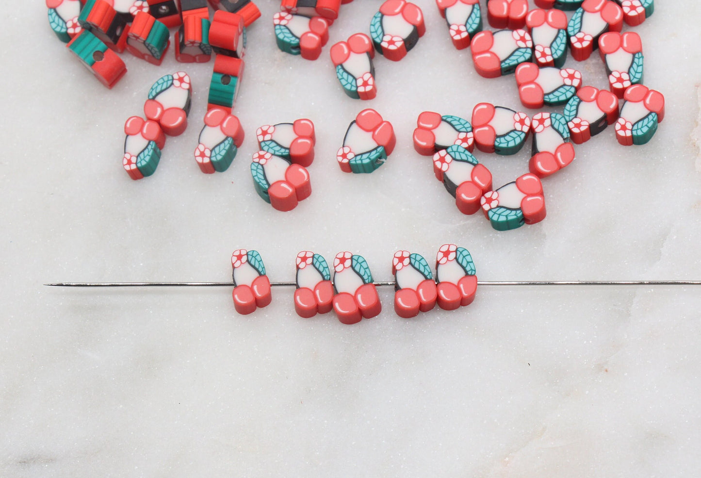 Cherry Polymer Clay Beads, Fruit Cane Beads, Cherry Clay Beads, Whole Cherry Beads, Jewelry Beads, Bracelet Beads #58