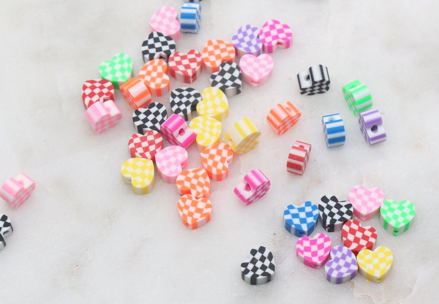 Checkered Heart Polymer Clay Beads, Assorted Heart Shape Clay Round Beads, Loose Beads, Jewelry Beads, Beads for Bracelet #177
