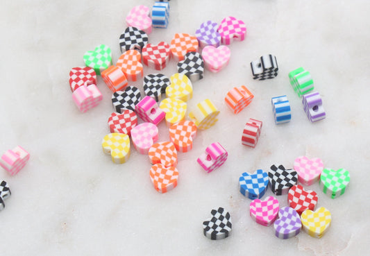 Checkered Heart Polymer Clay Beads, Assorted Heart Shape Clay Round Beads, Loose Beads, Jewelry Beads, Beads for Bracelet #177
