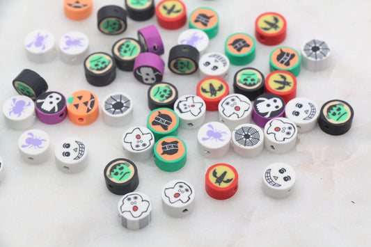 Halloween Theme Beads, Round Halloween Polymer Clay Beads, Assorted Clay Beads, Ghost, Pumpkin, Spider Beads, Bead For Bracelet #4